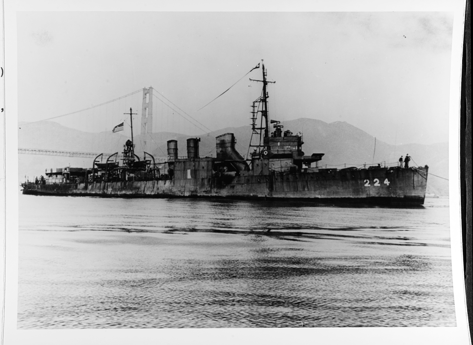 Ex-USS Stewart, DD-224, arriving under tow in San Francisco Bay, California